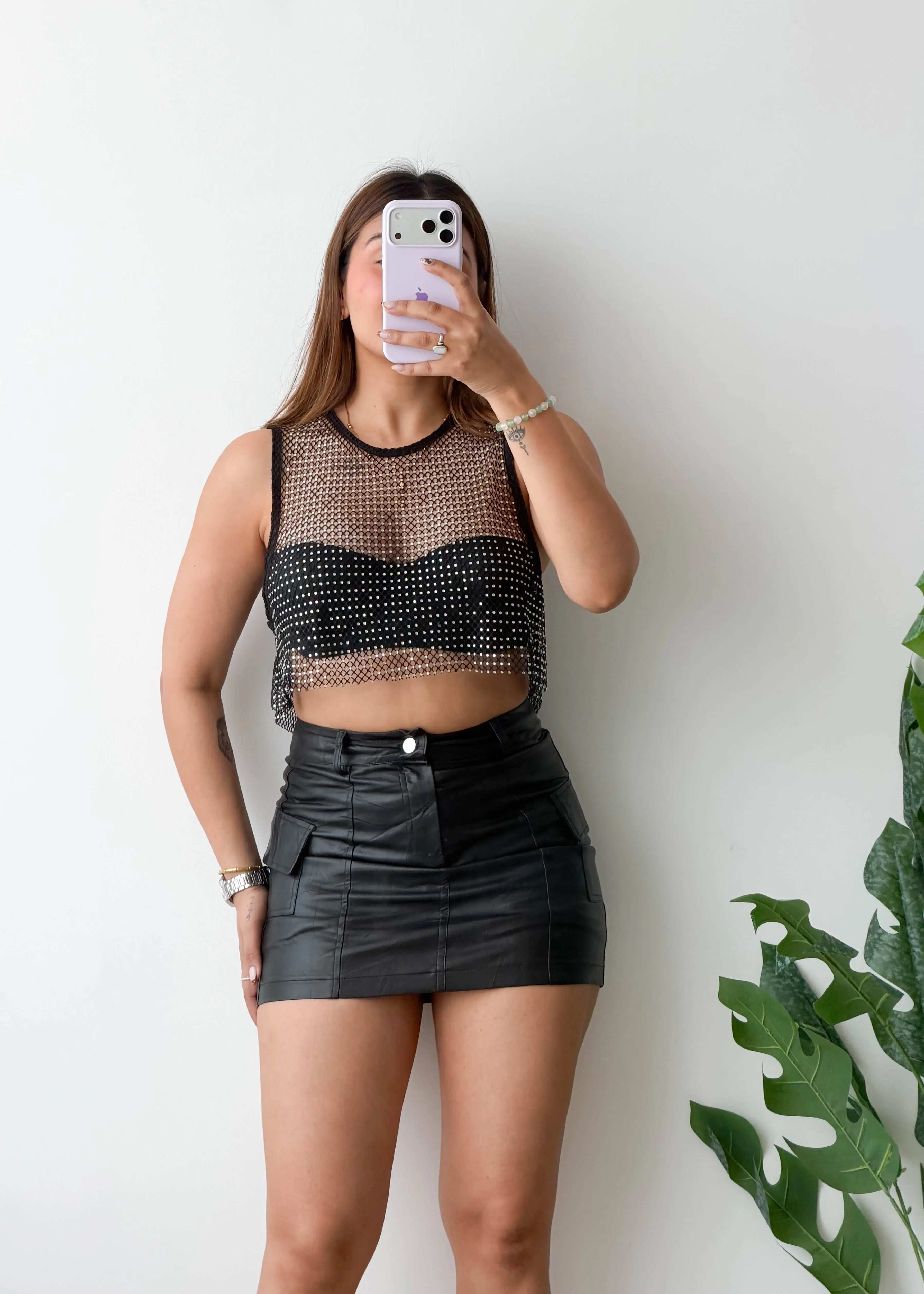 Size S-M, Black Studded Mesh Crop Top