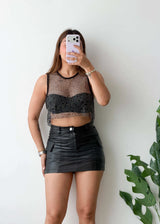 Size S-M, Black Studded Mesh Crop Top
