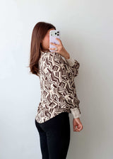 Size S-M Brown Geometric Bow Tie Blouse