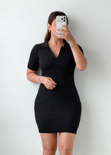 Size S-M Black Ribbed Polo Bodycon Mini Dress