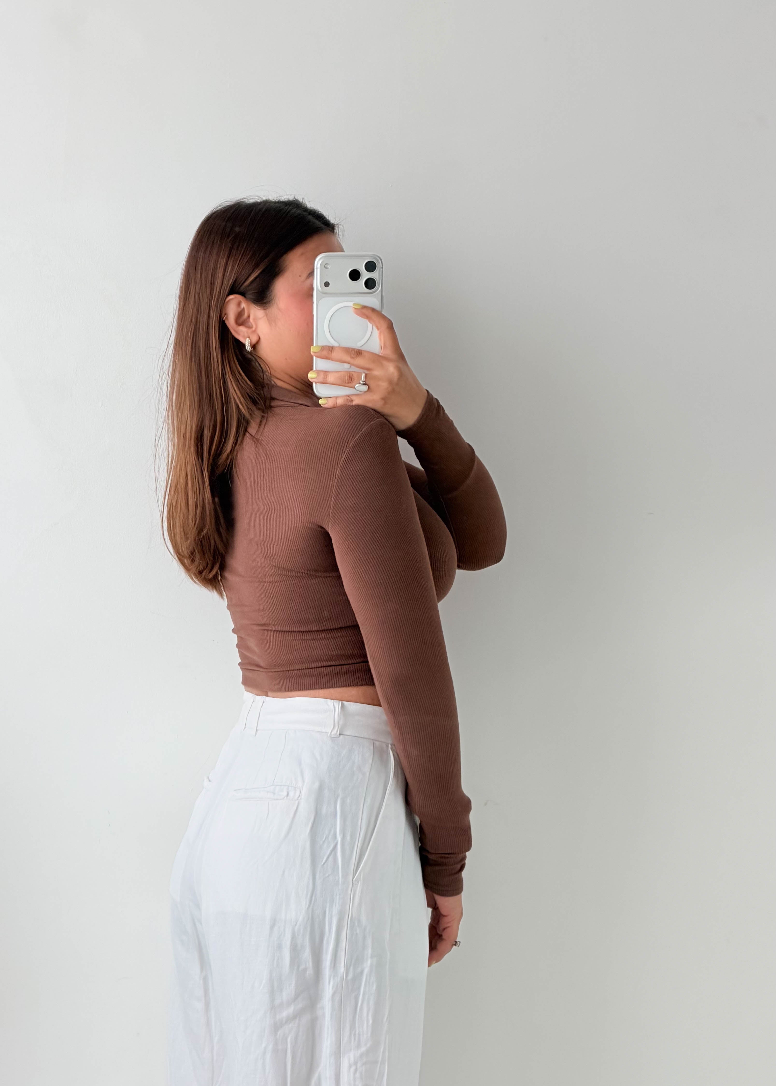 Size XS-S Chocolate Brown V-Neck Crop Top