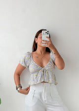 Size S-M Blue Floral Tie Front Top