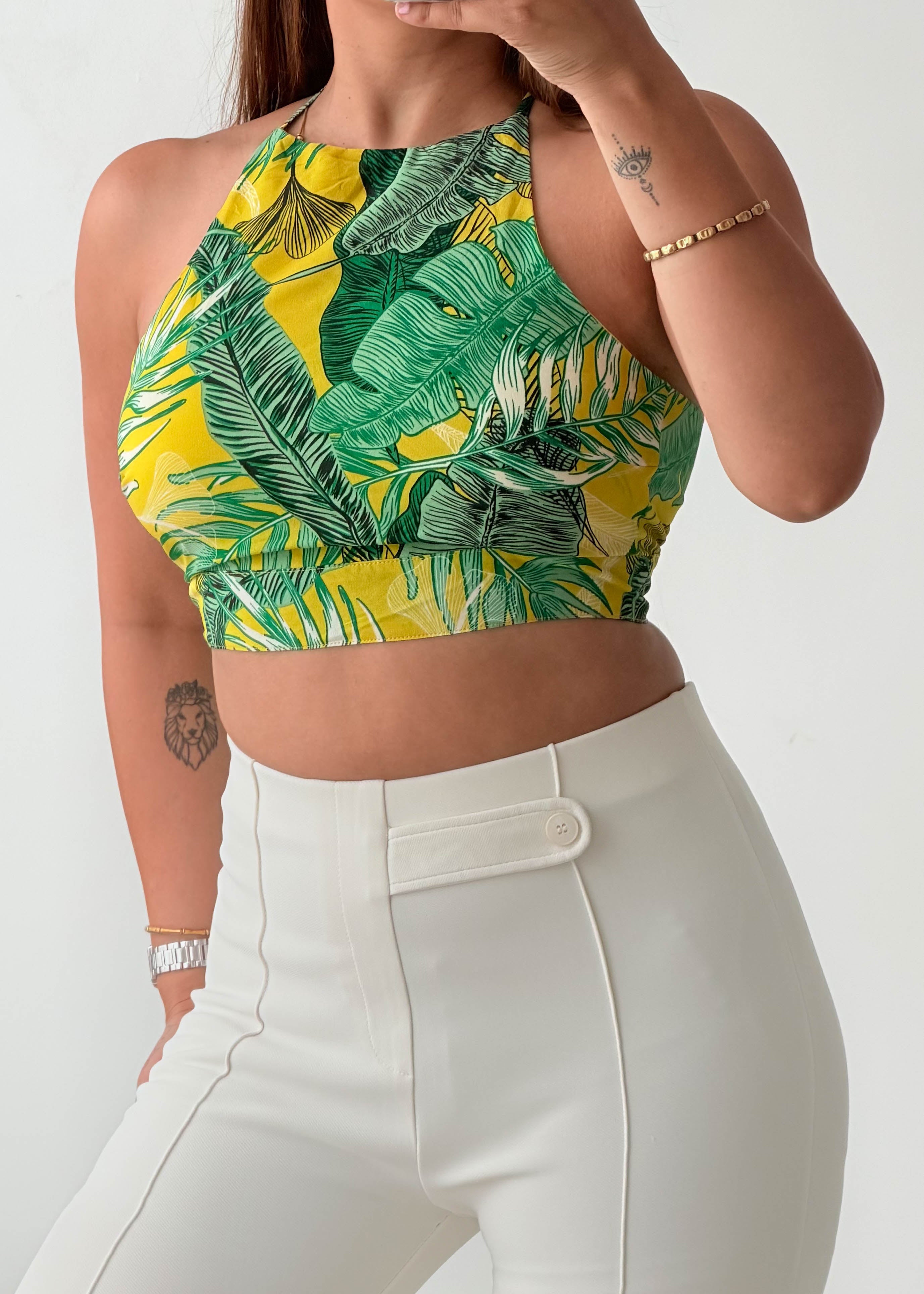 Size XS-S Green Tropical Halter Crop Top