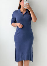 Size M-L Slate Blue Ribbed Polo Midi Dress