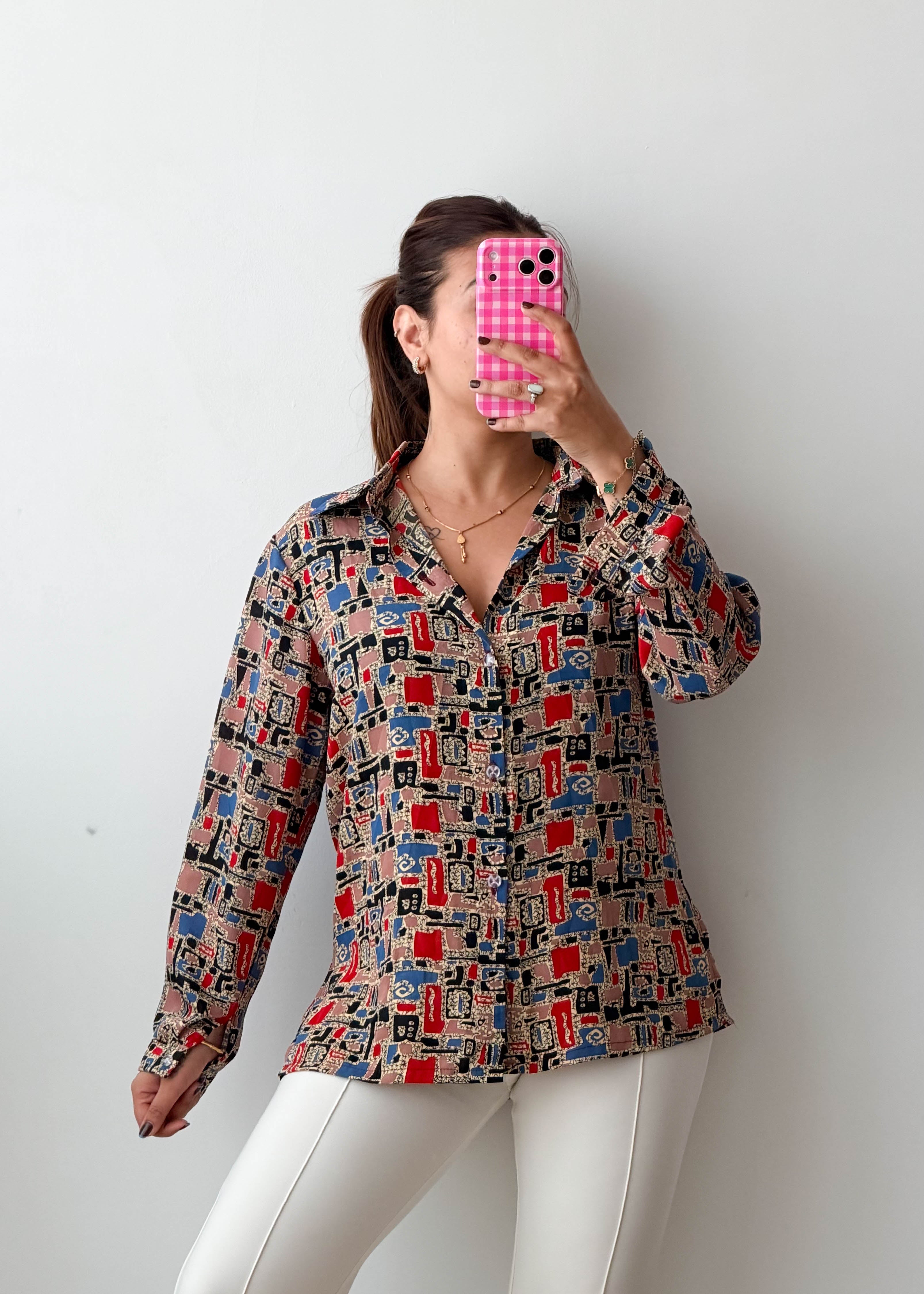 Size M-L Multicolor Geometric Print Shirt Top