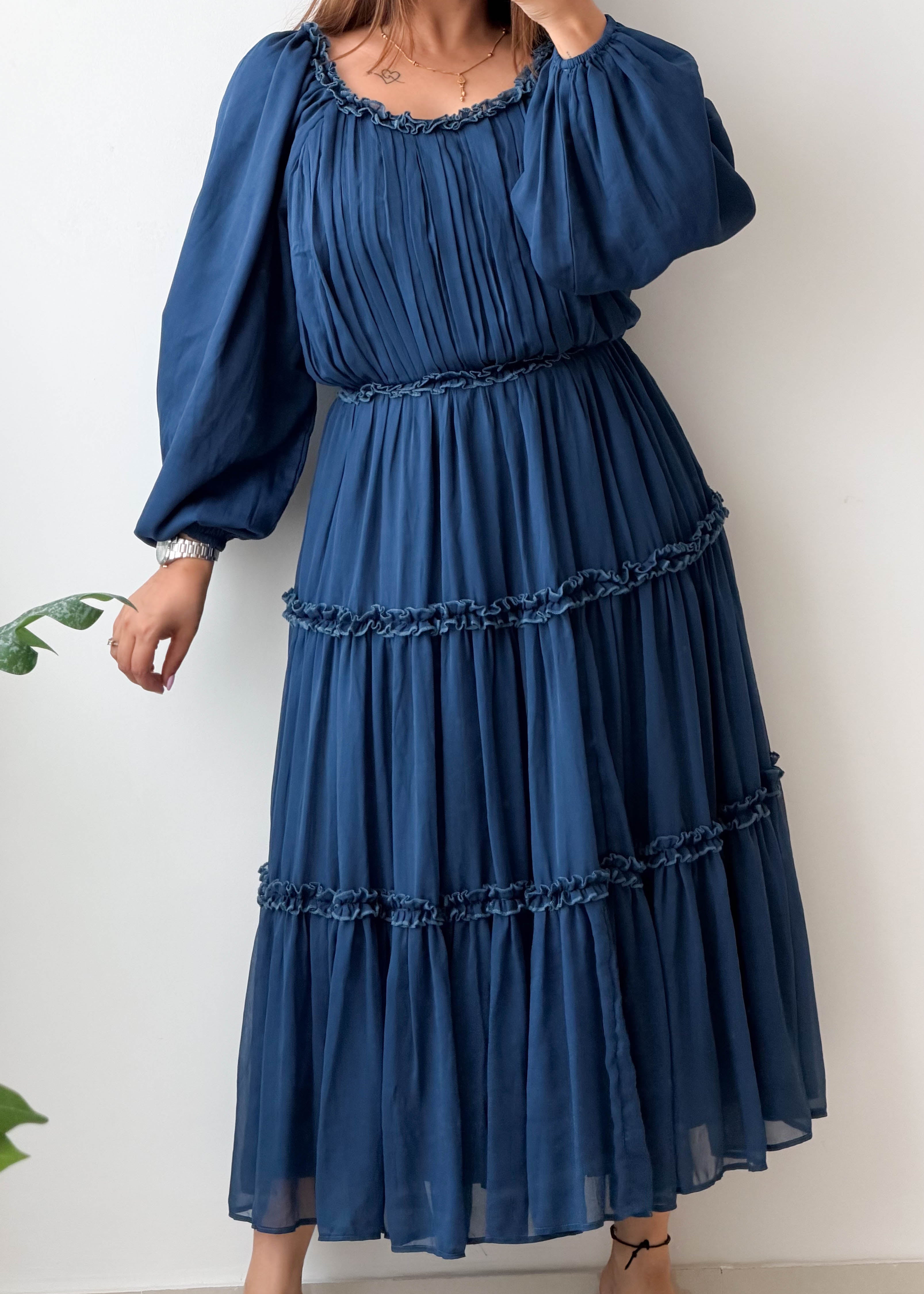 Size XS-S Navy Tiered Chiffon Midi Dress