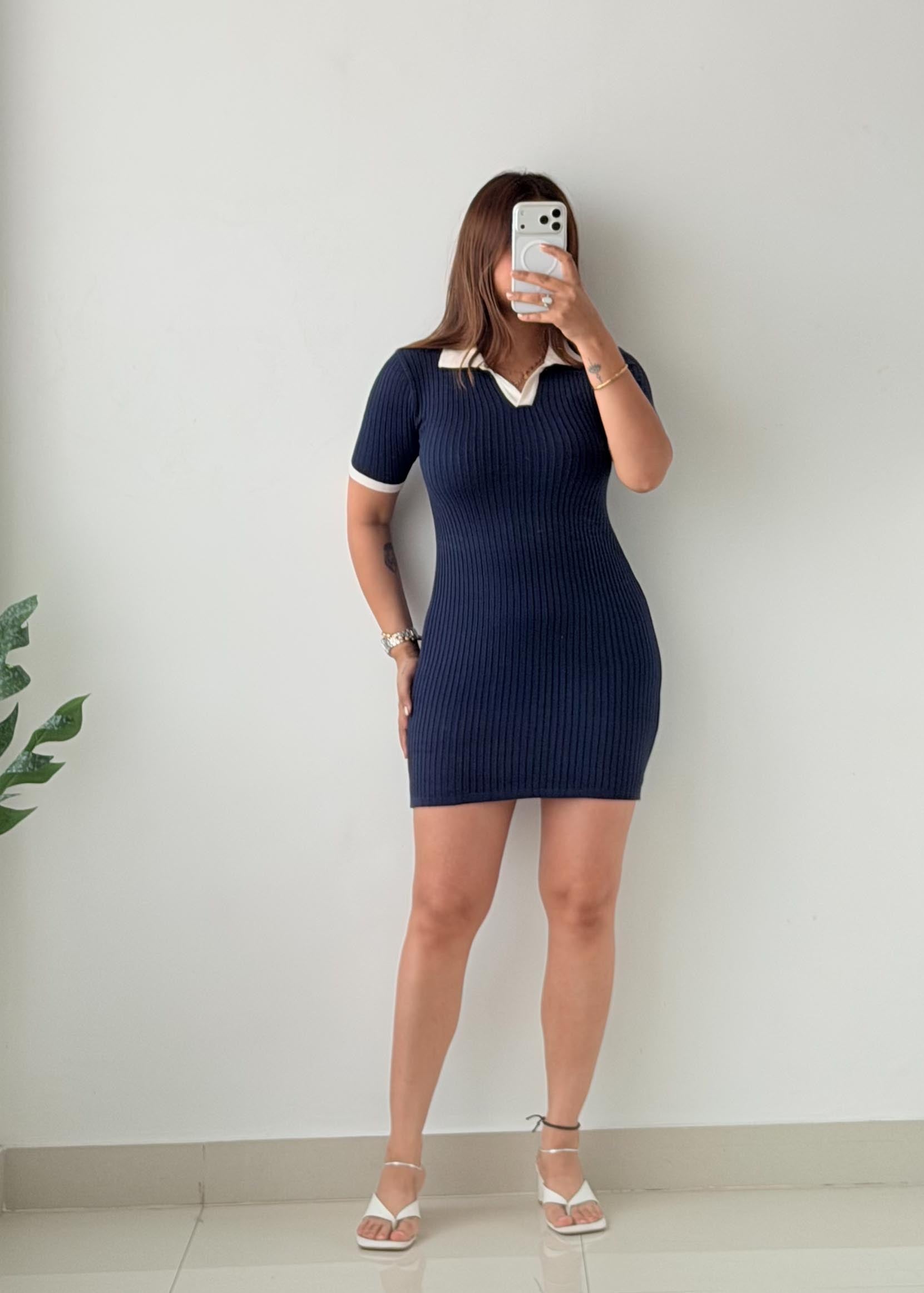 Size XS-S Navy Contrast Collar Ribbed Mini Dress
