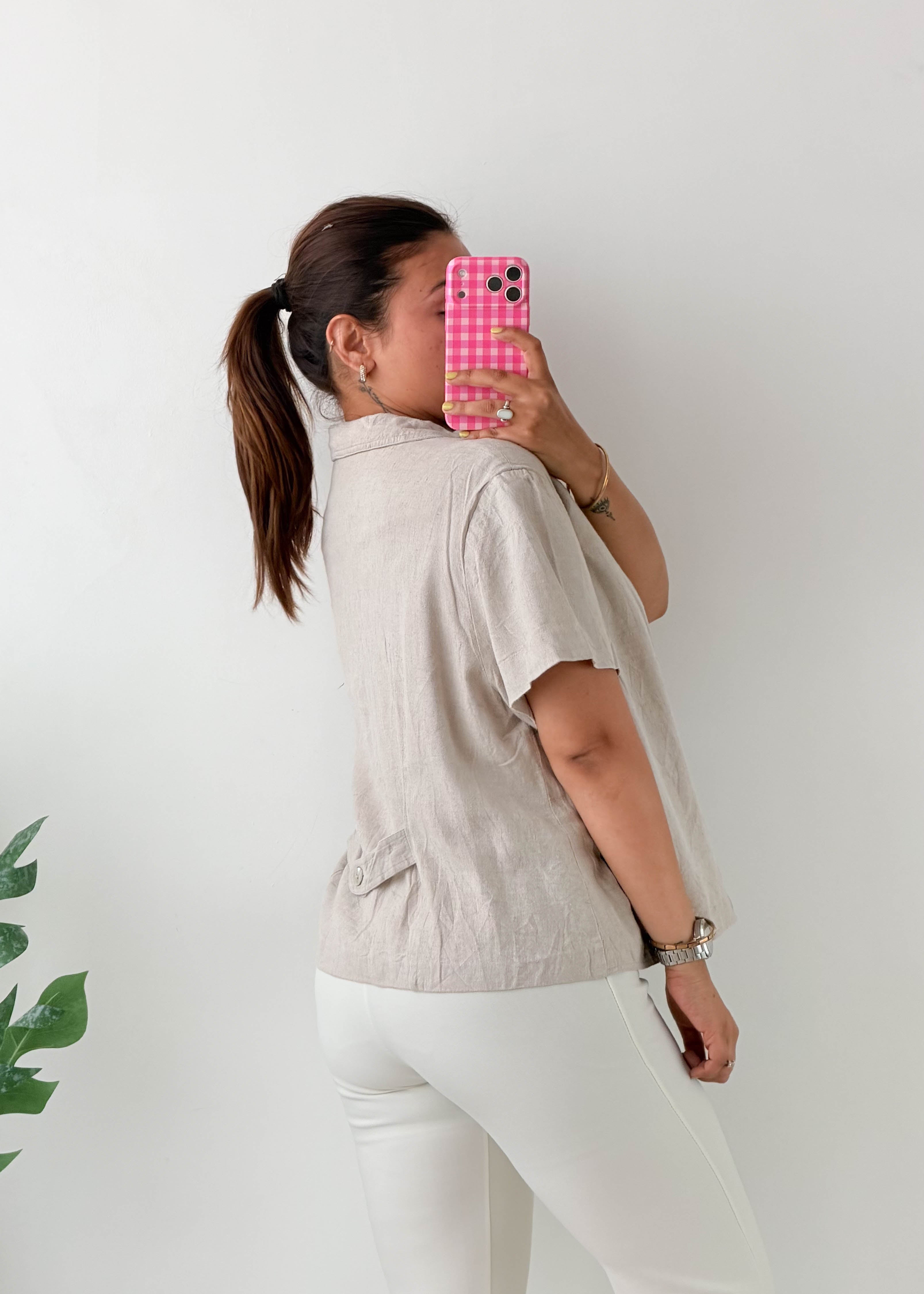 Size M-L Beige Linen Blend Short Sleeve Shirt