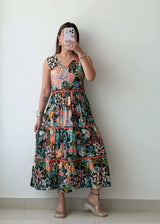 Size M, Multicolor Patch Print Tiered Maxi Dress