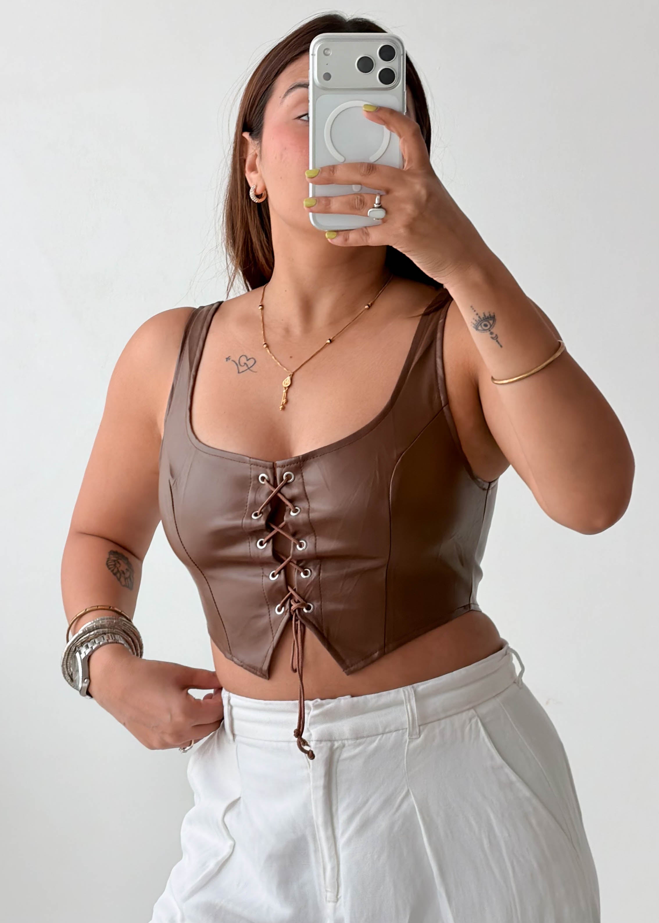 Size S-M Brown Lace-Up Faux Leather Top