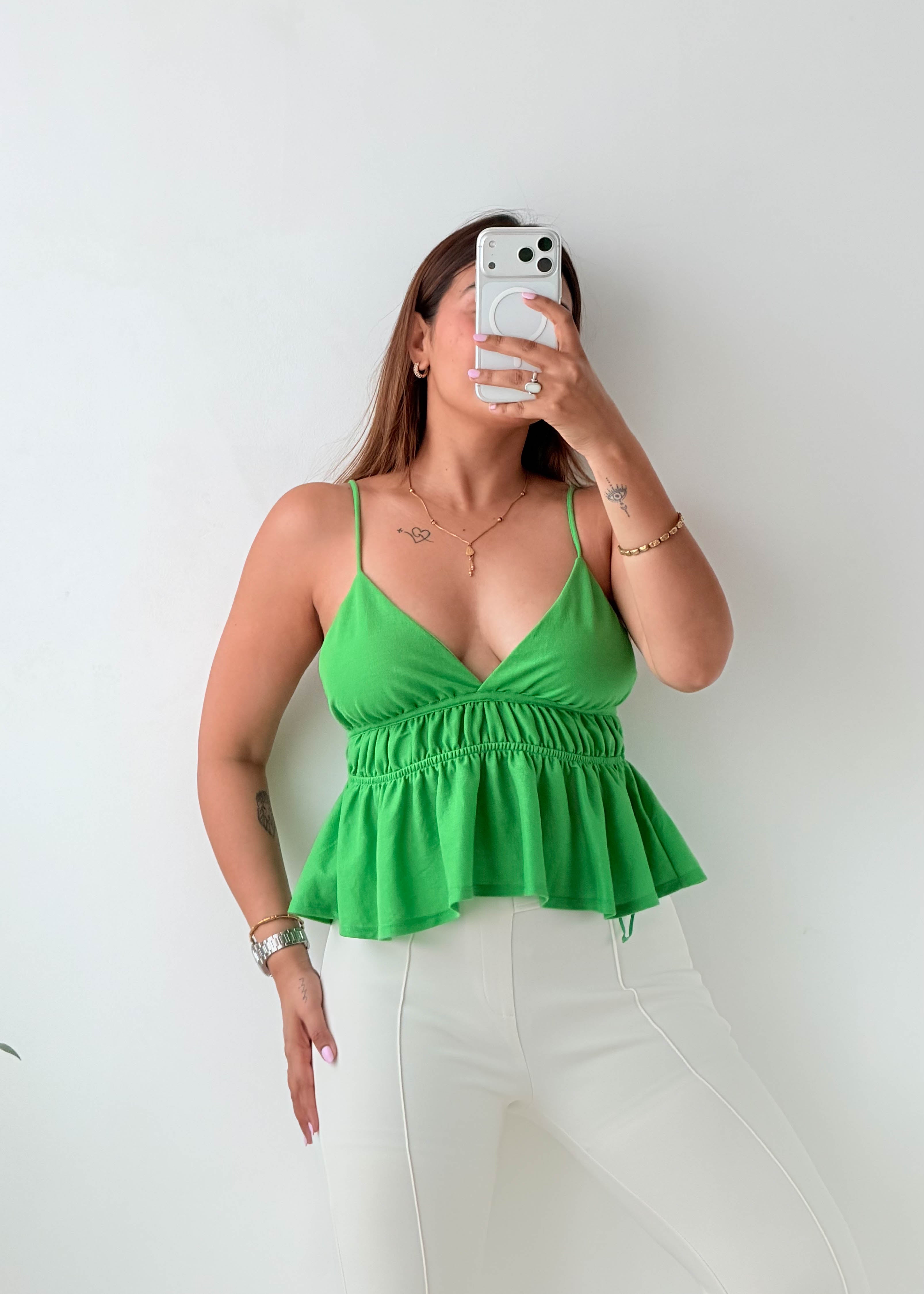 Size XS-S Green Smocked Peplum Cami Top
