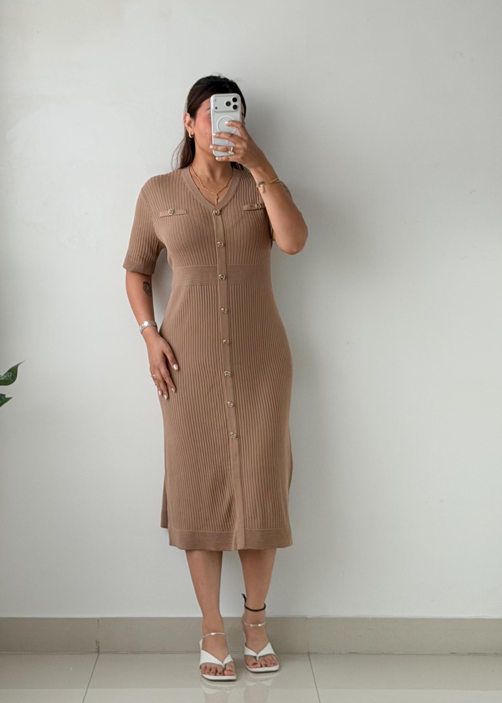 Size L-XL Mocha Ribbed Button-Front Midi Dress