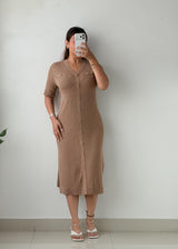 Size L-XL Mocha Ribbed Button-Front Midi Dress