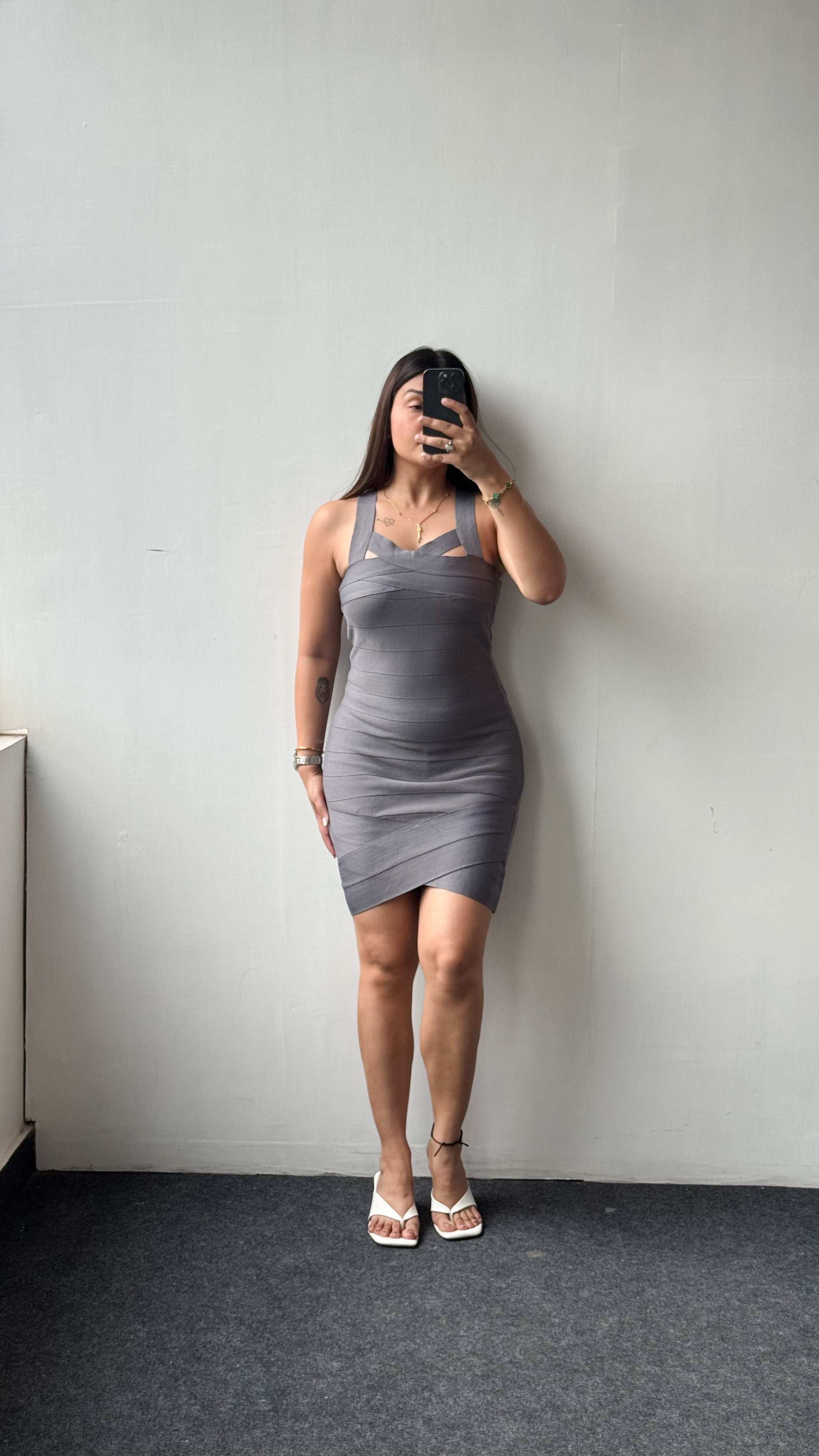 Size XS-S, Grey Strappy Bodycon Mini Dress