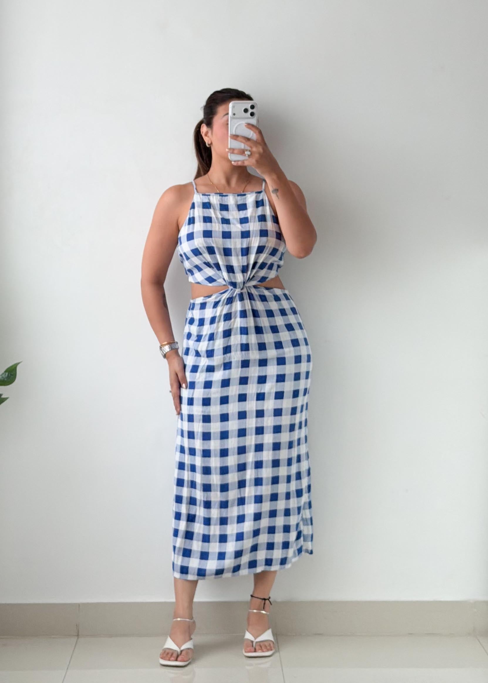 Size S-M Blue Gingham Cut-Out Midi Dress