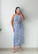 Size S-M Blue Gingham Cut-Out Midi Dress