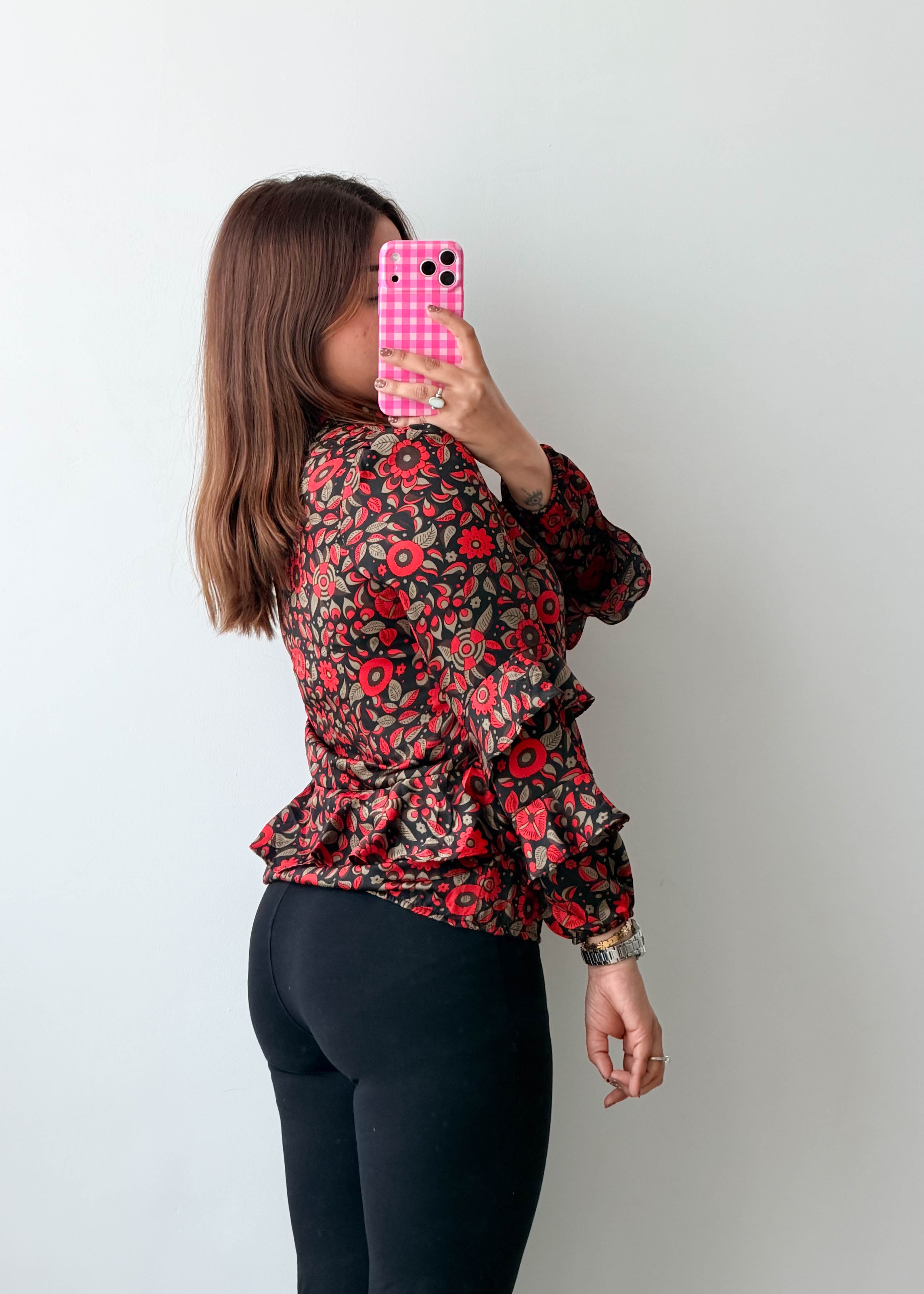 Size S-M Black Red Floral Peplum Top