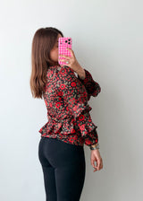 Size S-M Black Red Floral Peplum Top