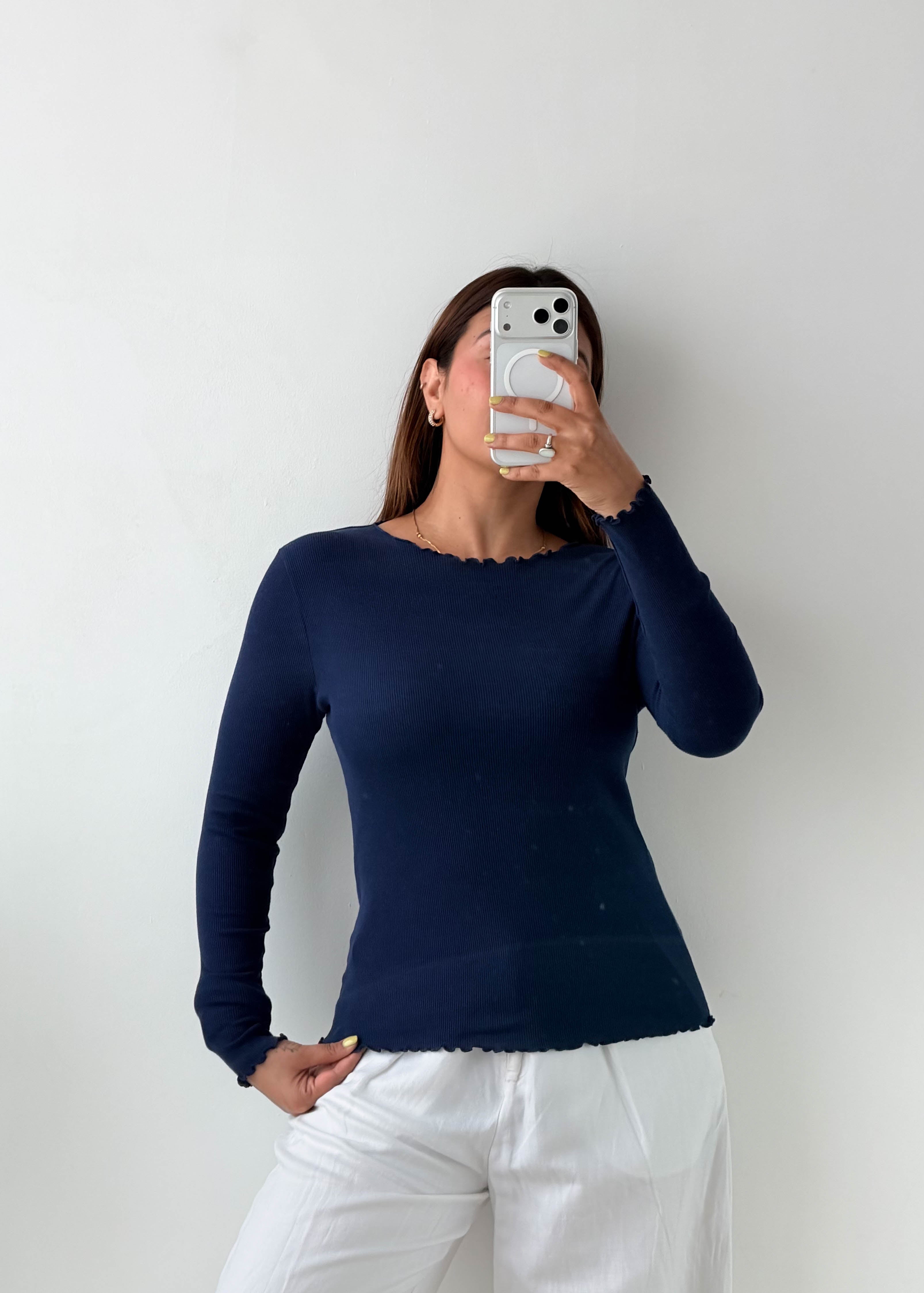Size M-L Navy Scallop Edge Long Sleeve Top