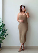 Size S-M Beige Ribbed Bodycon Midi Dress