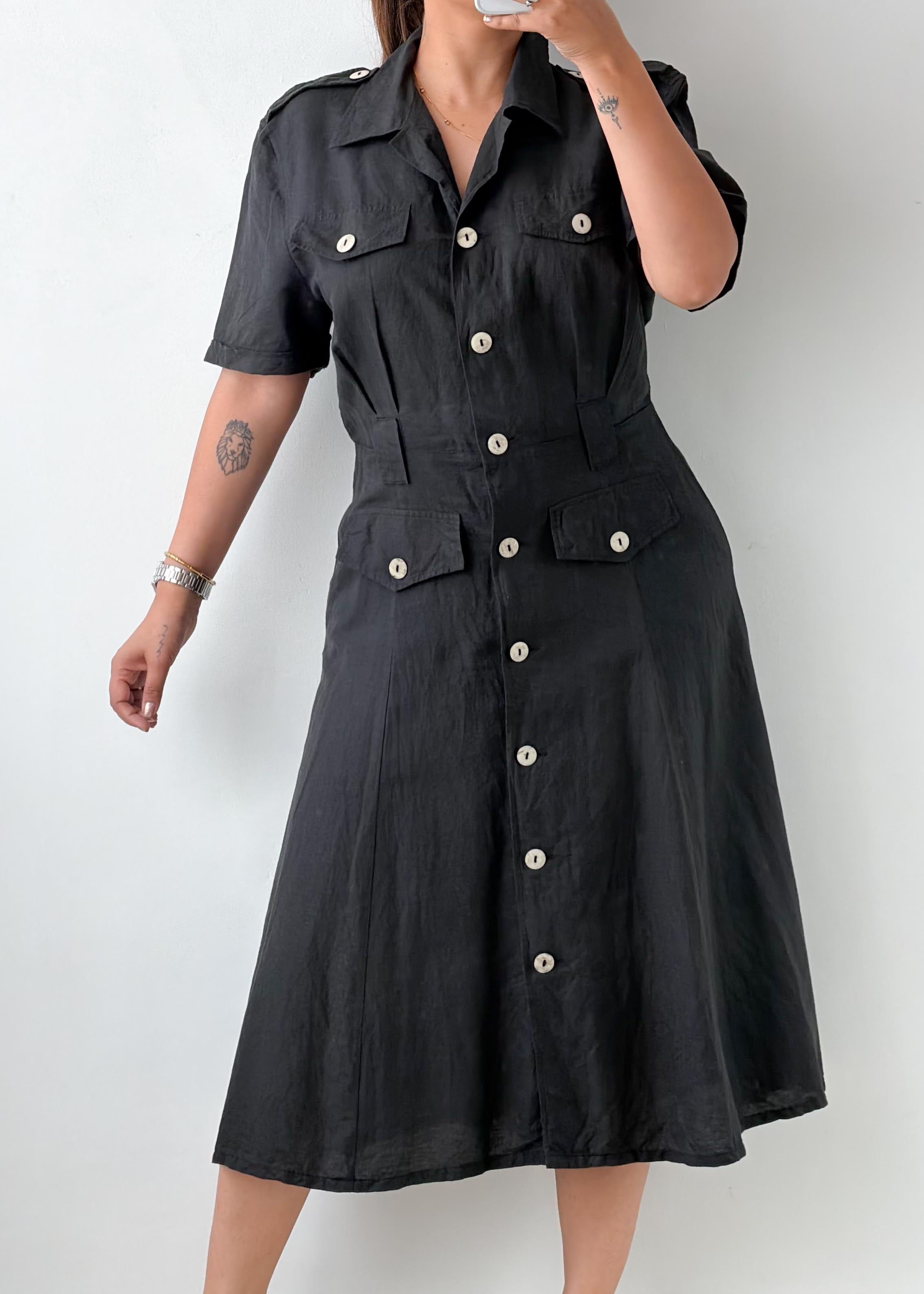 Size M Black Button-Front Utility Midi Dress