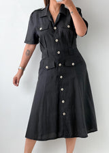 Size M Black Button-Front Utility Midi Dress