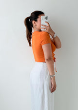 Size S-M Orange Ruched Tie Front Top