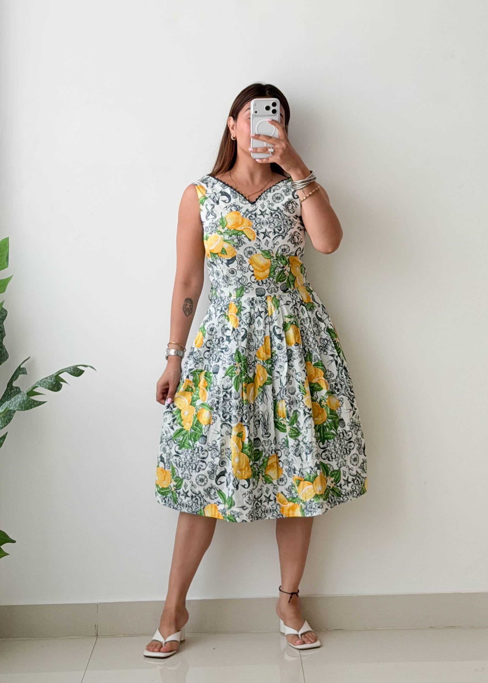Size S White Lemon Print Fit & Flare Midi Dress