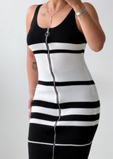 Size M-L Black & White Striped Ribbed Midi Dress