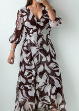 Size XS-S Brown Abstract Printed Wrap Dress
