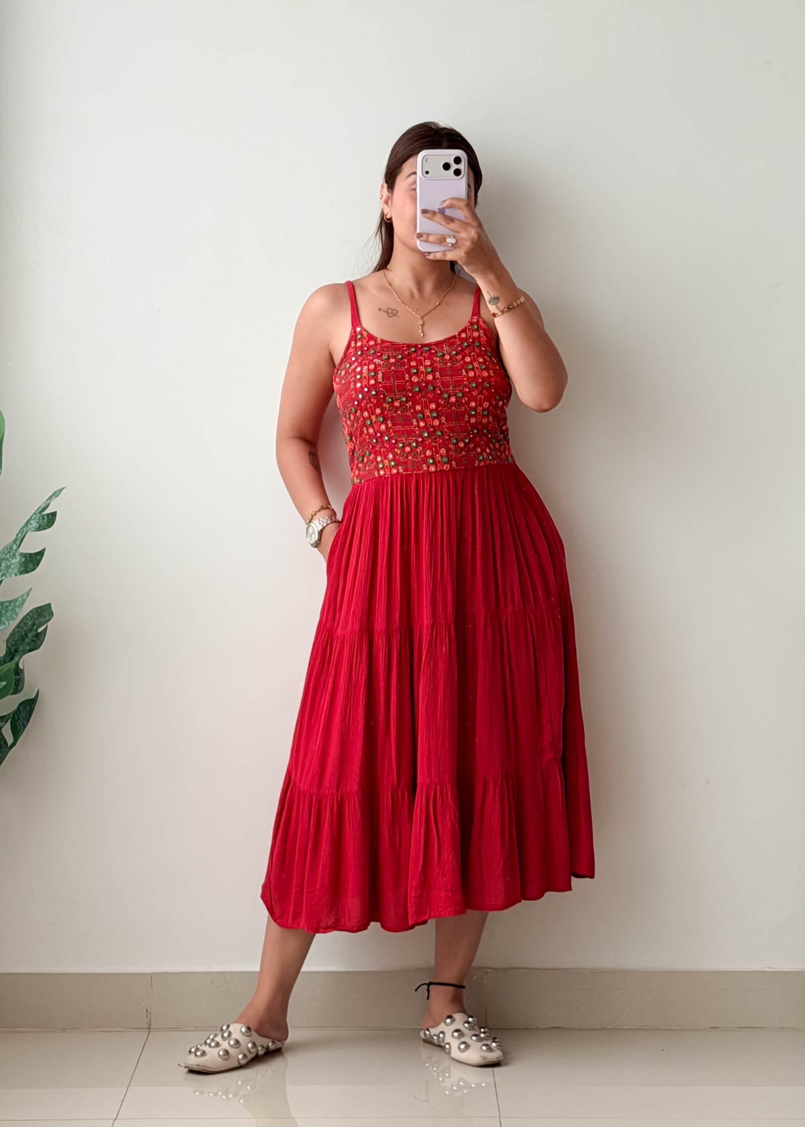 Size M-L Red Embroidered Tiered Midi Dress