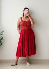 Size M-L Red Embroidered Tiered Midi Dress