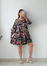 Size S-M Black Tropical Print Tiered Mini Dress