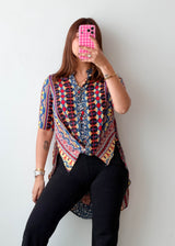 Size XS-S Multicolor Boho Print High-Low Tunic Top