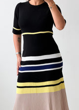 Size M-L Black Multicolor Striped Pleated Midi Dress