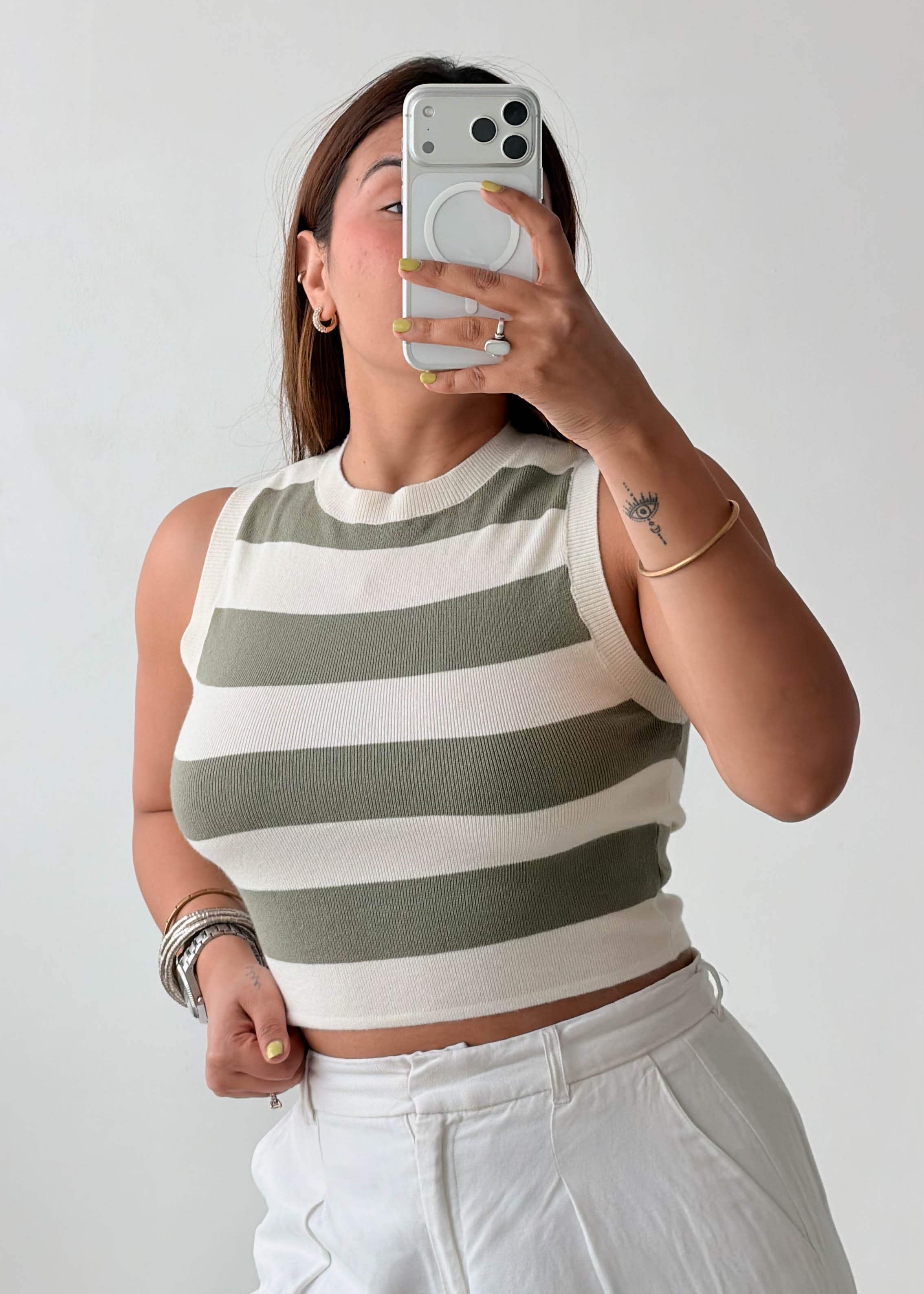 Size S-M Olive Striped High Neck Crop Top