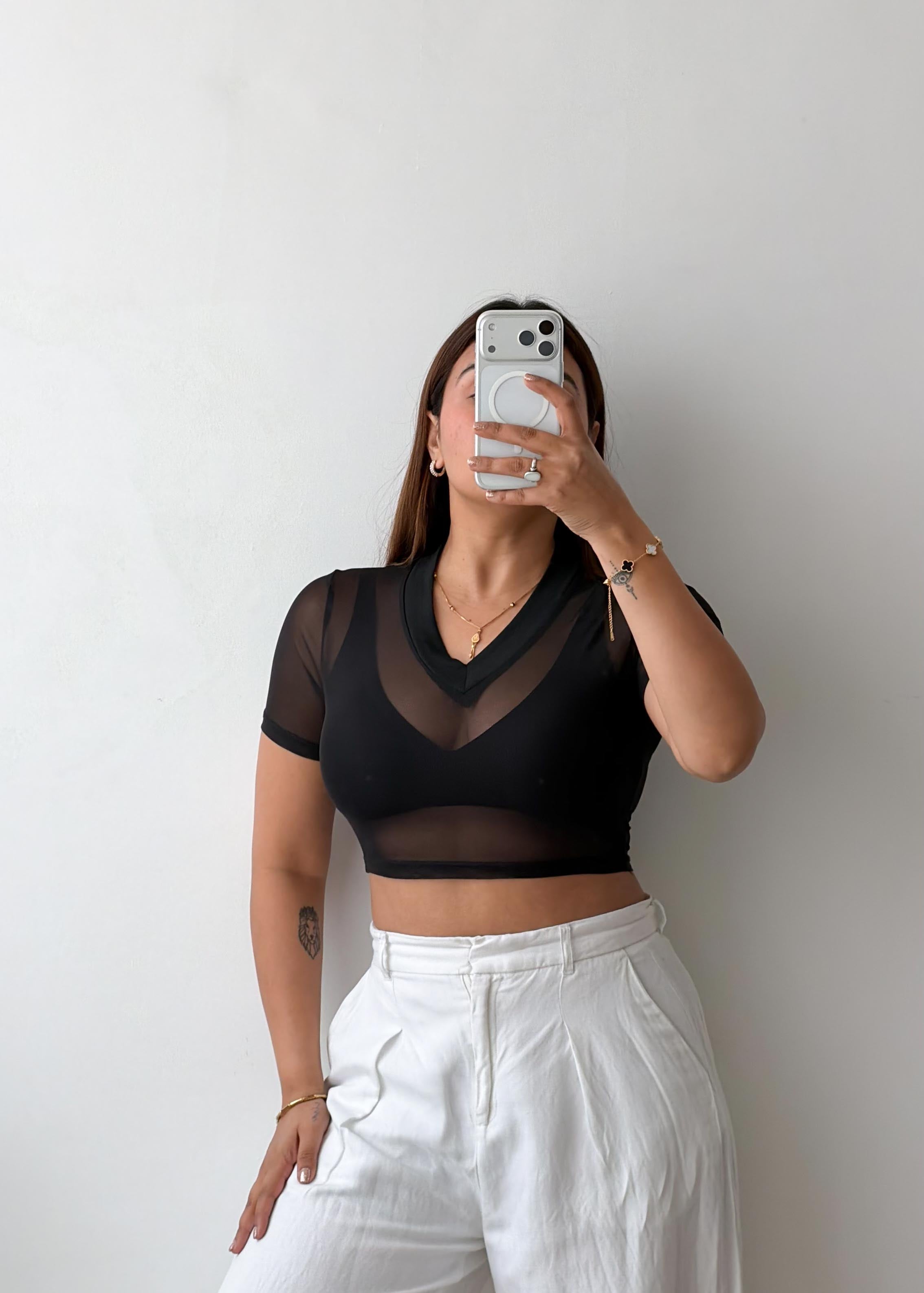Size XS-S Black Mesh V-Neck Crop Top