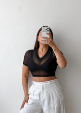 Size XS-S Black Mesh V-Neck Crop Top