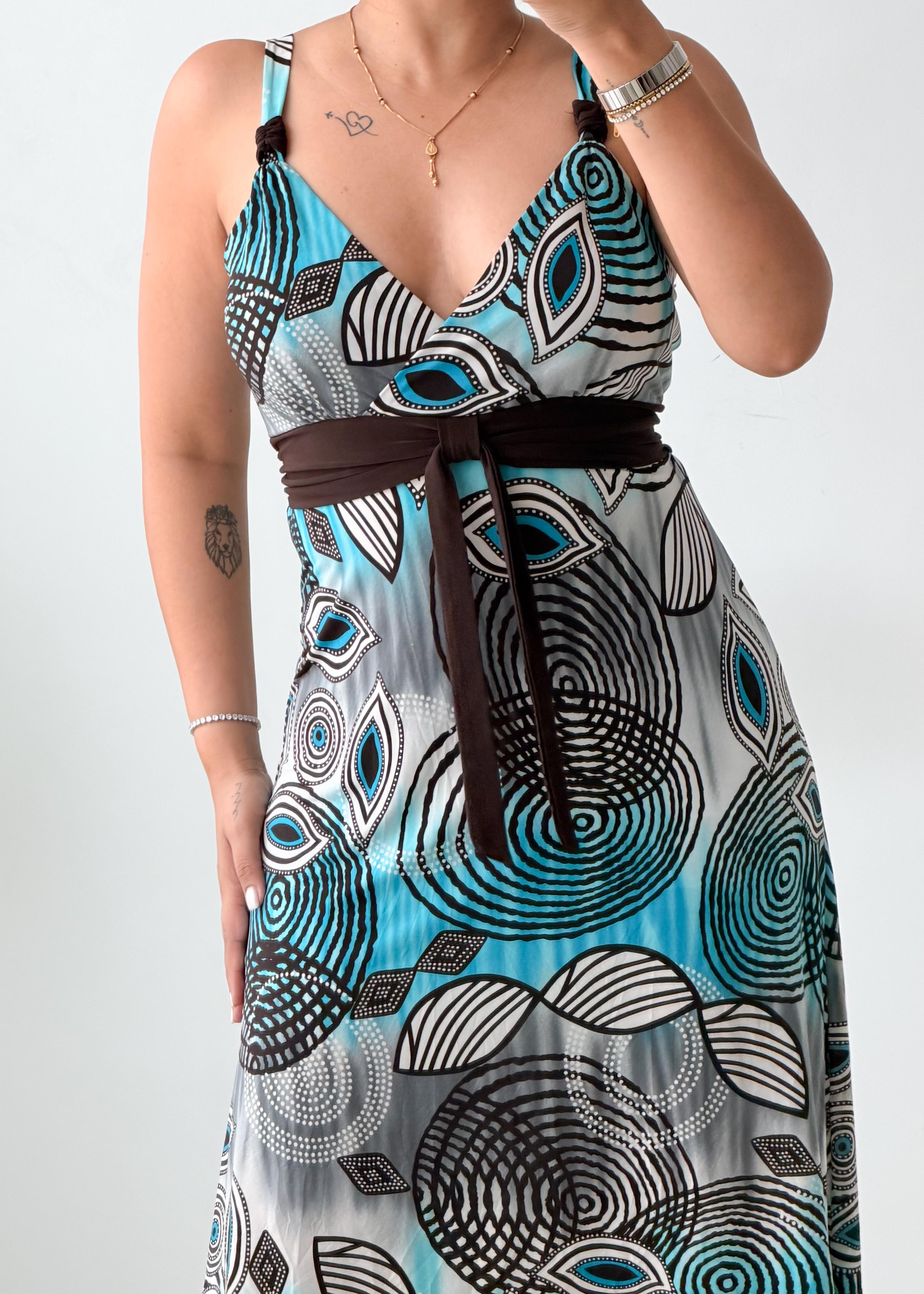 Size M-L Blue Printed Tie-Waist Midi Dress