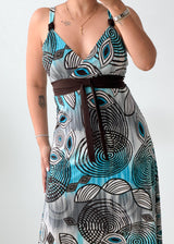 Size M-L Blue Printed Tie-Waist Midi Dress