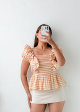 Size XS-S Peach Gingham Peplum Top