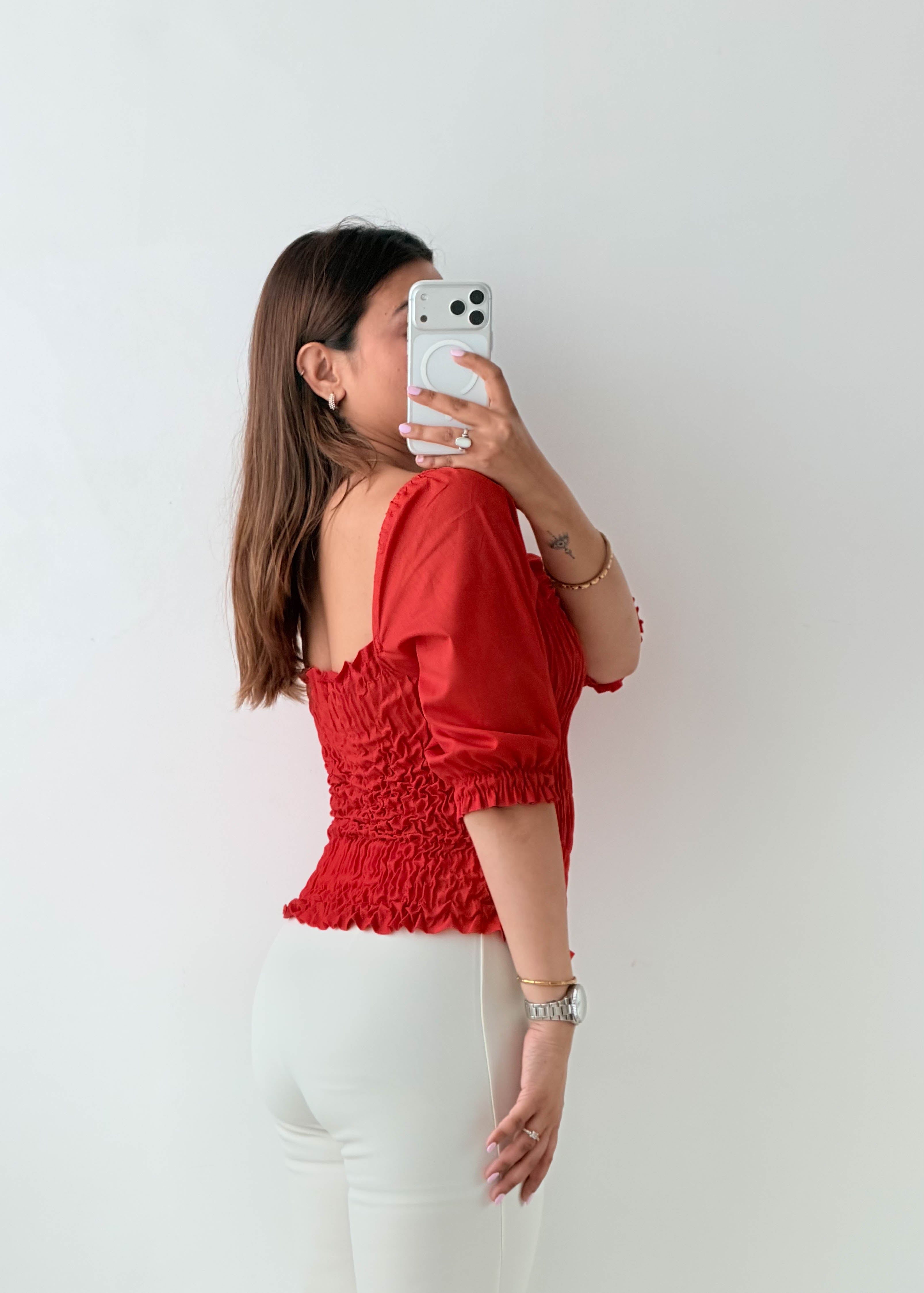Size XS-S Red Smocked Puff Sleeve Top