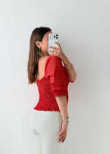 Size XS-S Red Smocked Puff Sleeve Top