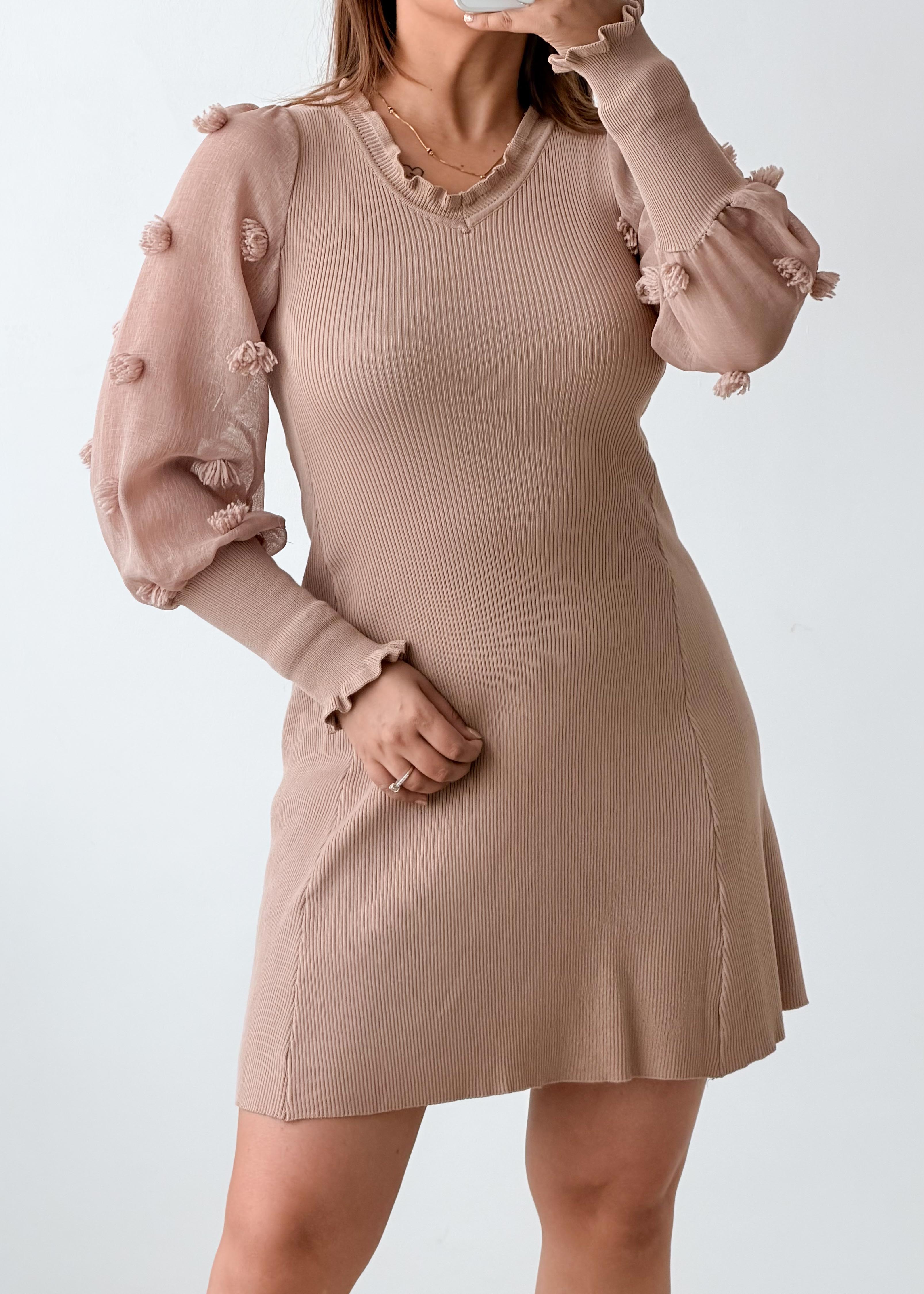 Size M-L Beige Pearl Sleeve Knit Mini Dress