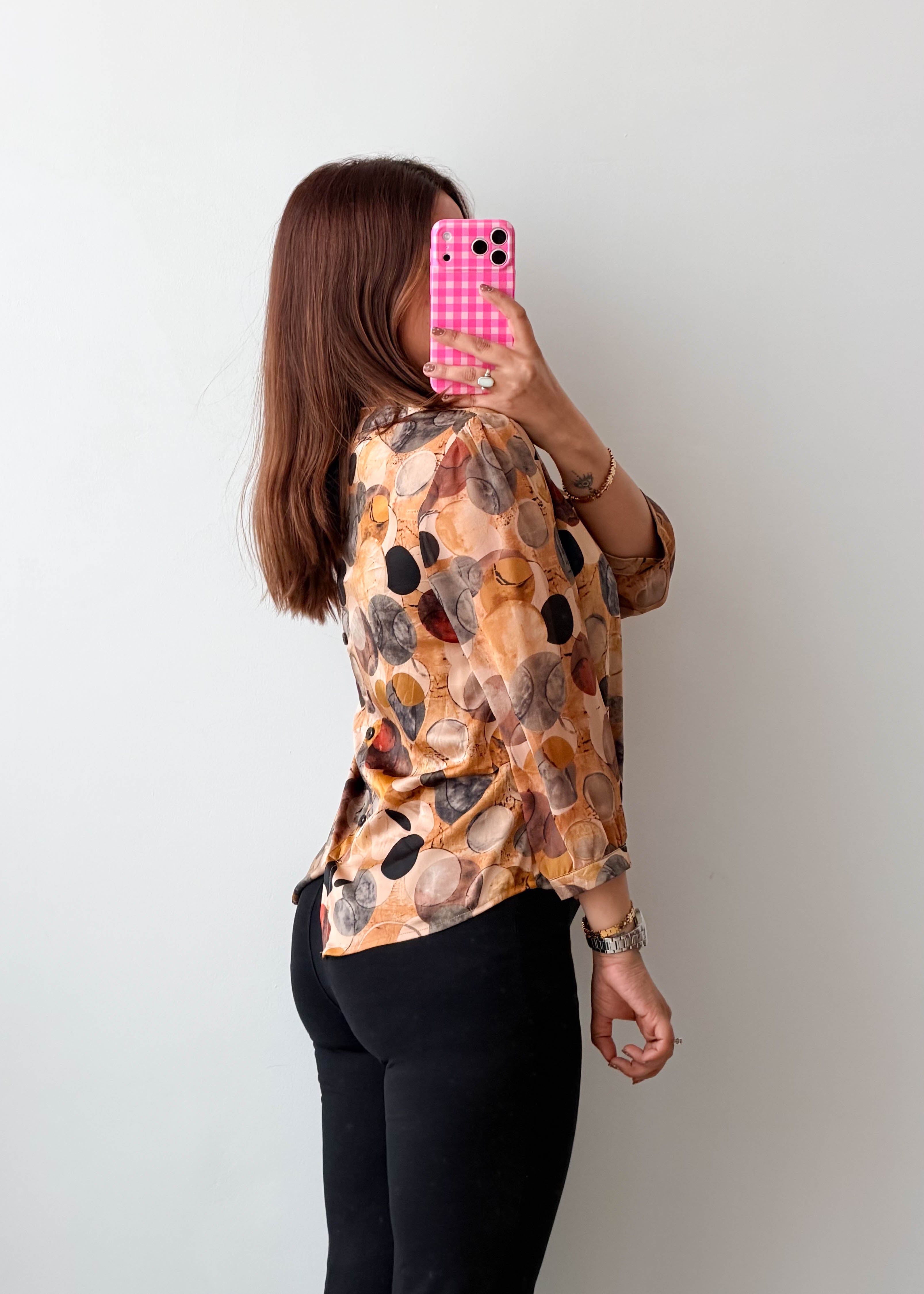 Size S-M Beige Abstract Circle Tie-Neck Blouse