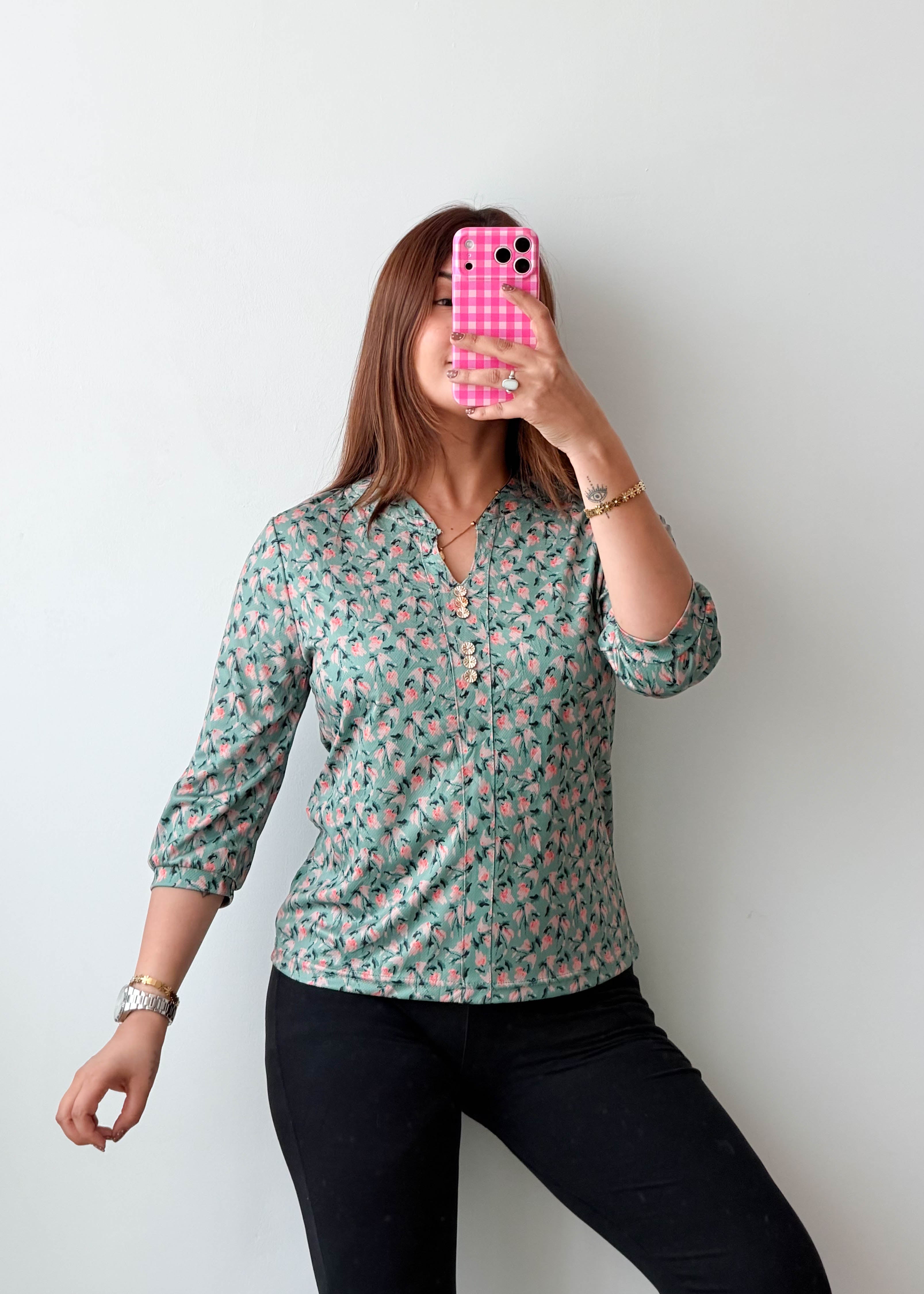 Size XS-S Mint Floral Print Shirt Top