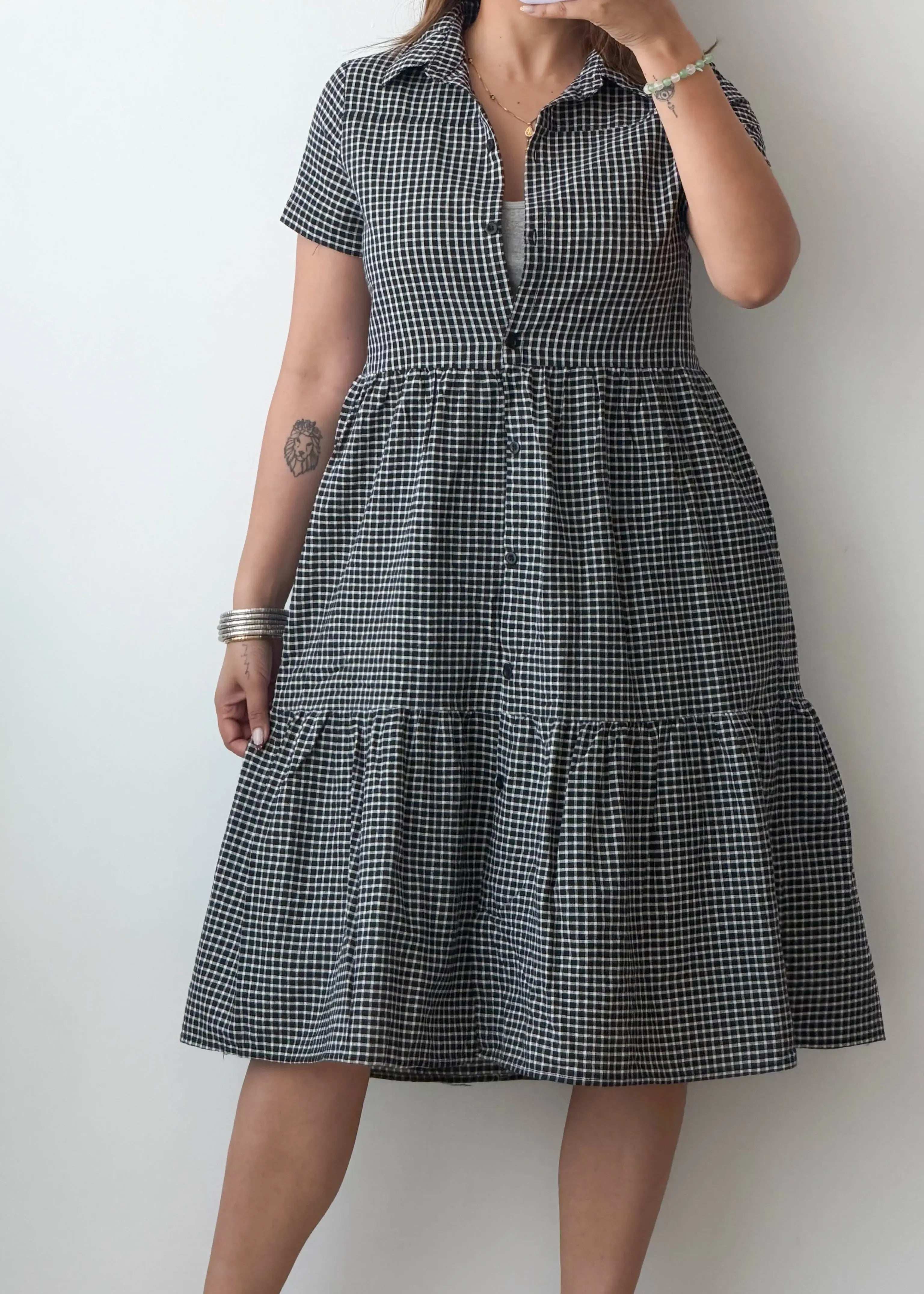 Size XS-S, Black & White Check Tiered Dress