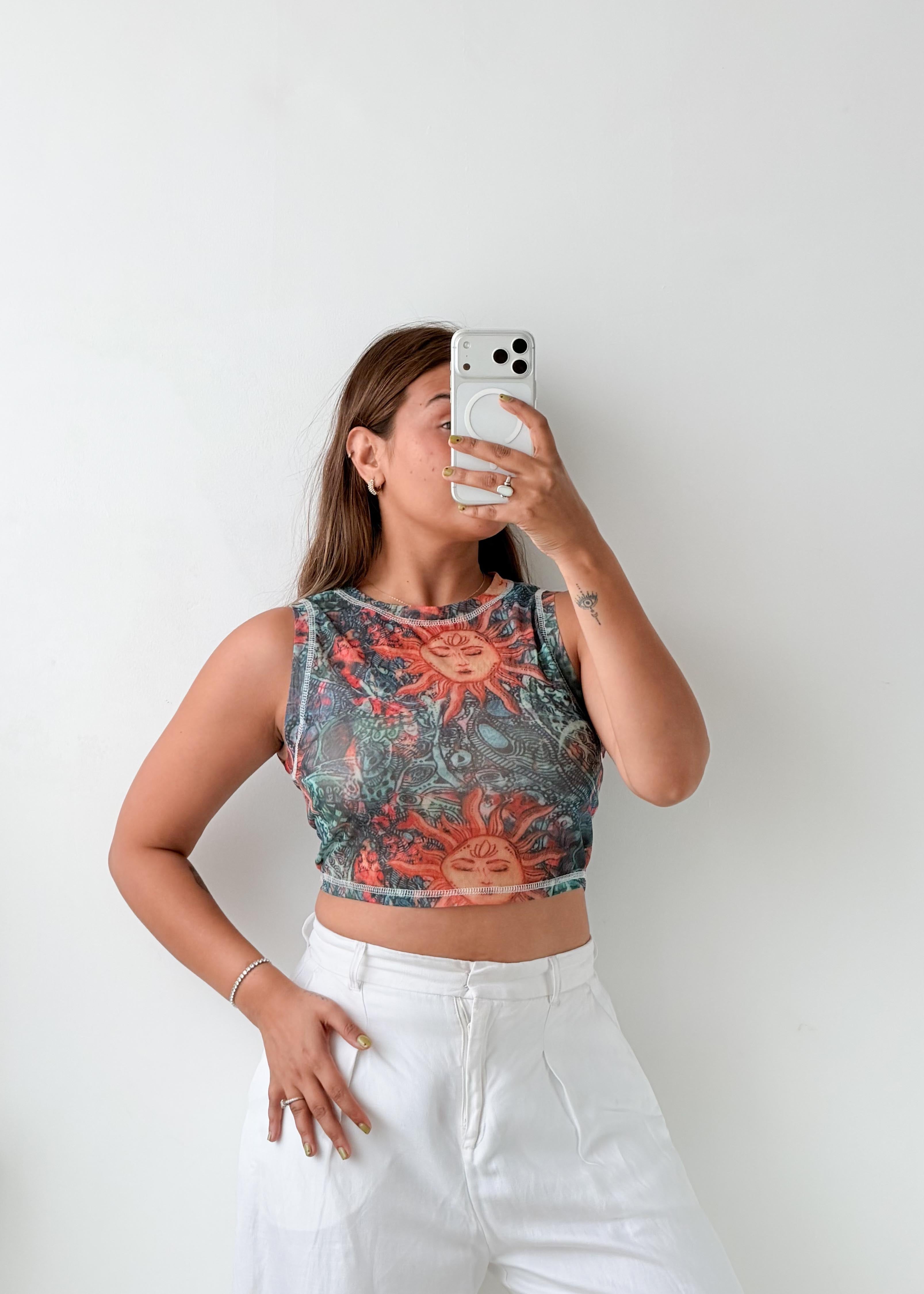 Size S-M Multicolor Printed Sleeveless Crop Top