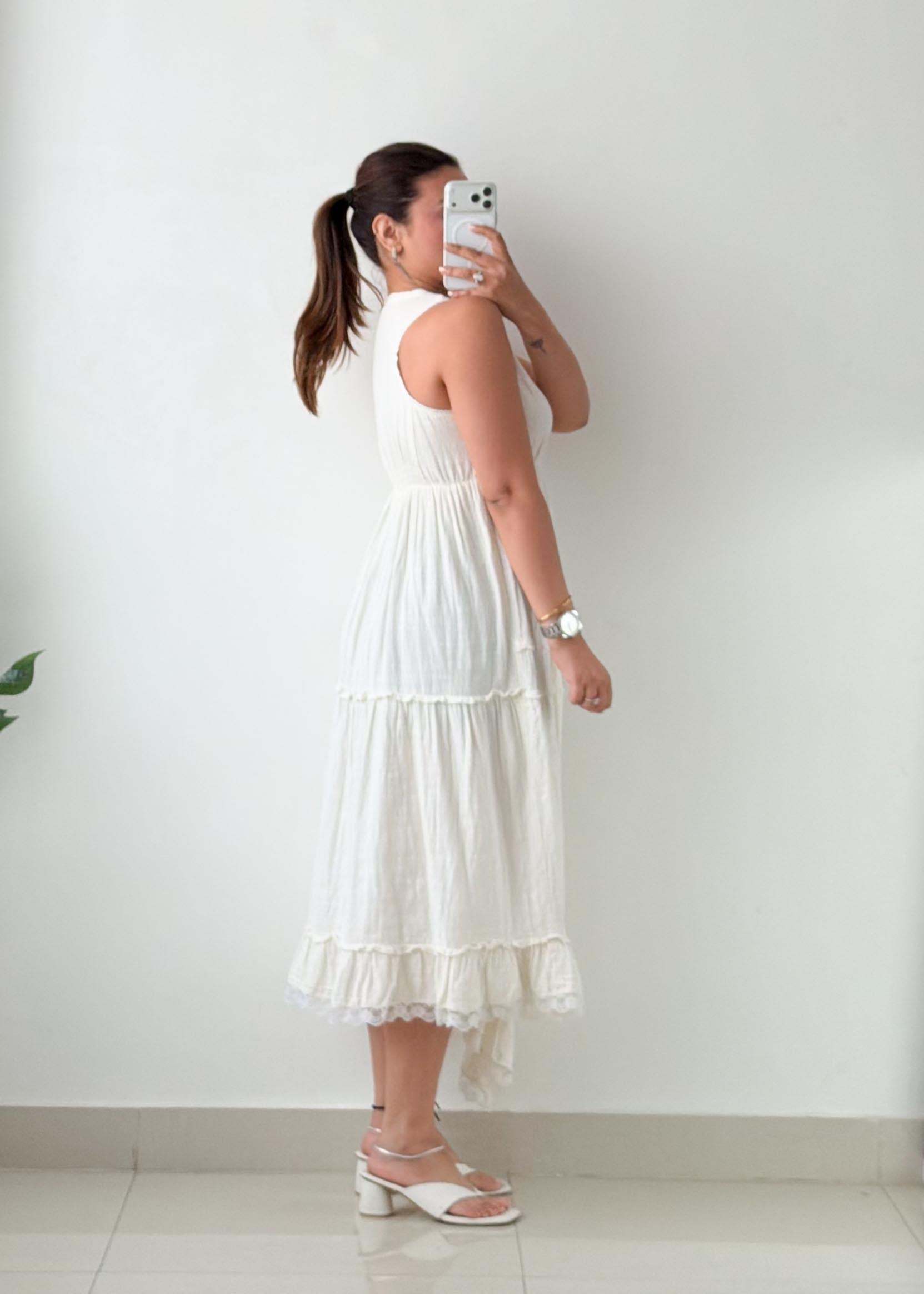 Size S-M White Tiered Halter Maxi Dress
