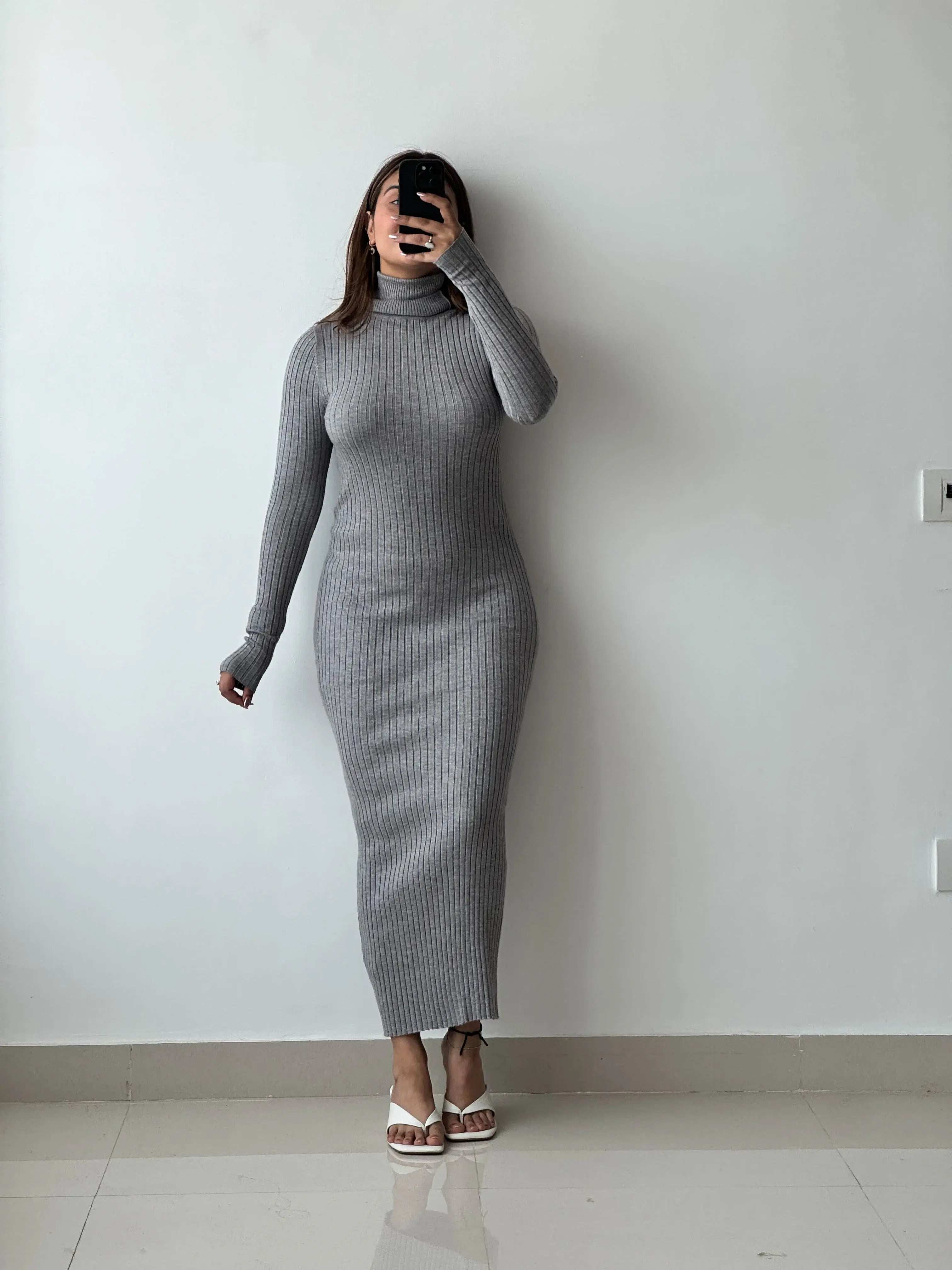 Size XS-M, Grey High Neck Ribbed Maxi Dress